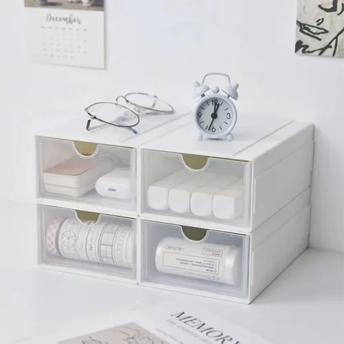 Vista 6 de Feadily Paquete de 4 cajas de almacenamiento de plástico para escritorio con cajones transparentes, se puede empalmar y combinar libremente