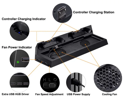 Vista 3 de PS4 Universal Controller Charger KINGTOP PS4PS4 ProPS4 Slim Fan Cooler Vertical Stand Dual Charging Station