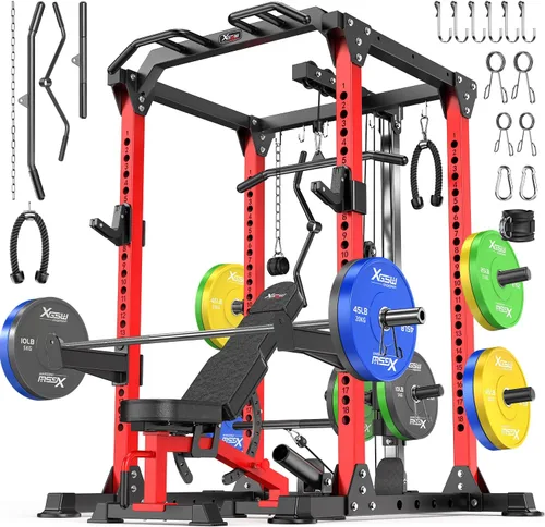 Vista 15 de Power Cage - Rack de Potencia Multifunción con Sistema de Cruce de Cables, Rack para Sentadillas de Capacidad de 1800 LBS con Banco de Pesas