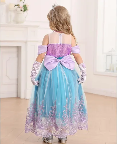 Vista 4 de Luzlen Vestido de princesa de sirena para niñas, disfraz de Ariel con accesorios, disfraz de cosplay de Halloween