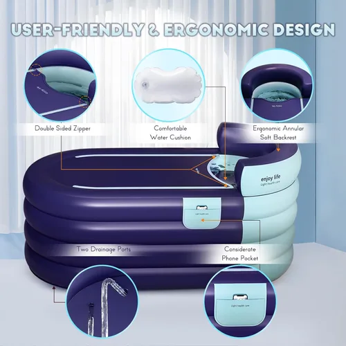 Vista 6 de Bañera inflable para adultos de 63 pulgadas con bomba de aire inalámbrica, ideal para baño de hielo caliente, diseño de drenaje rápido con manguera