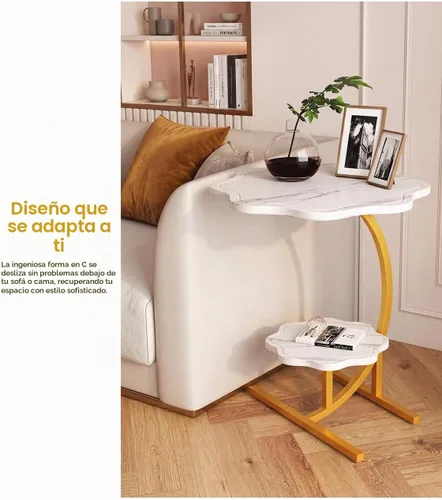 Vista 3 de Mesa auxiliar pequeña en forma de C con textura de mármol en forma de flor de 2 capas, mesa auxiliar para sofá, mesita de noche para sala de estar