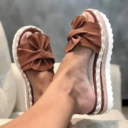 Vista 2 de Women Platform Sandals Slip-On Bow Flat Beach Open Toe Breathable Weave Shoe Sandalias trenzadas para mujer