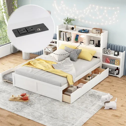 Vista 13 de VilroCaz Cama de plataforma multifunción de tamaño matrimonial con nido y cajones, plataforma de madera con cabecera de almacenamiento y enchufes