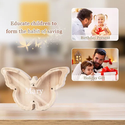 Vista 3 de Alcancía de madera personalizada con diseño de dinosaurio grabado con nombre grabado, caja de dinero para Navidad, cumpleaños, regalo divertido