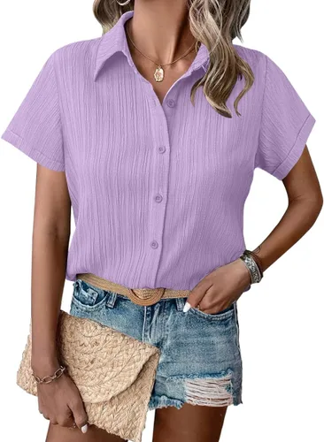 Vista 10 de HOTOUCH Camisa de vestir de manga corta con botones para mujer, cuello en V, con botones, para verano, con textura, para el trabajo