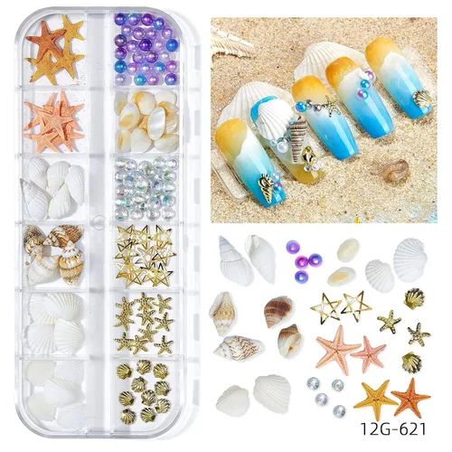 Vista 3 de Diamantes de imitación para uñas de playa de verano, diseño de concha y remaches con diseño de estrella de mar, diseño de concha y remaches