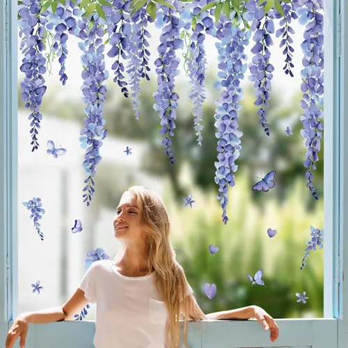 Vista 9 de Whaline 9 hojas de calcomanías florales de San Valentín para ventana, diseño de rosas de primavera, hojas de eucalipto, calcomanías de vidrio