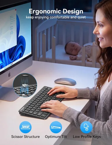 Vista 8 de TECKNET Teclado inalámbrico 2.4G, mini teclado compacto con teclas rápidas multimedia, duración de la batería de 12 meses, compatible con PC Negro