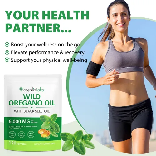 Vista 7 de Aceite de Orégano, 6000mg de aceite de orégano con aceite de semilla negra 200mg, cápsulas de aceite de orégano orgánico, 120 geles blandos, 165mg
