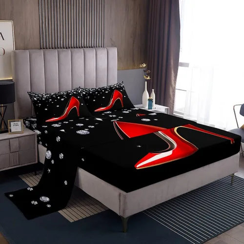 Vista 9 de Castle Fairy Juego de sábanas con lazo, juego de sábanas de diamante con purpurina para niños, juego de ropa de cama rosa y negro para niños