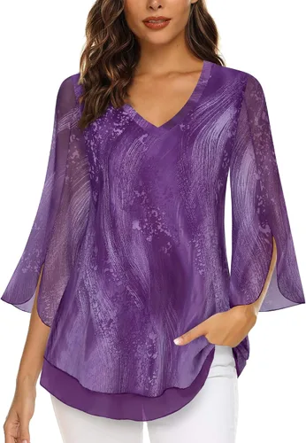 Vista 2 de Timeson Blusas florales de manga 34 para mujer, camisas de doble capa con cuello en V