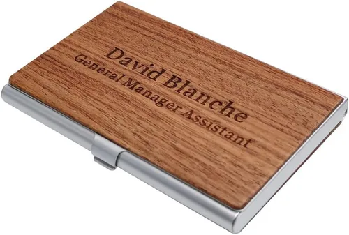 Vista 2 de Tarjetero de madera personalizado para tarjetas de presentación, grabado personalizado para hombre y mujer, grabado gratis, Bubinga, Cartera
