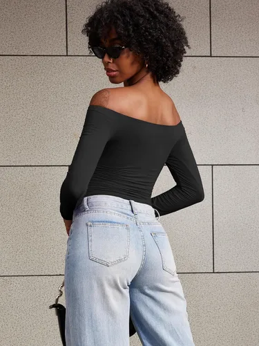 Vista 5 de YEOREO Sophie - Camisetas básicas de manga larga con hombros descubiertos para mujer, con doble forro, para salir Y2K Negro
