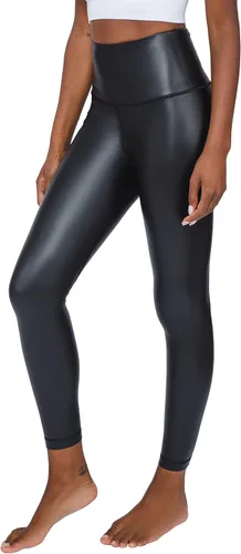Vista 2 de 90 Degree By Reflex Leggings de cintura alta con forro polar de piel sintética de alto brillo y elástico 2 por paquete negro/negro