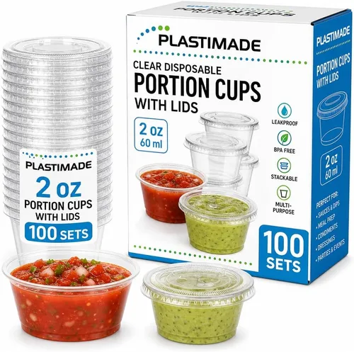 Vista 10 de Vasos de porción desechables de plástico transparente de 1 oz (100 juegos) - Vasos para condimentos, salsa, aderezo, gelatina con tapas Mini jello