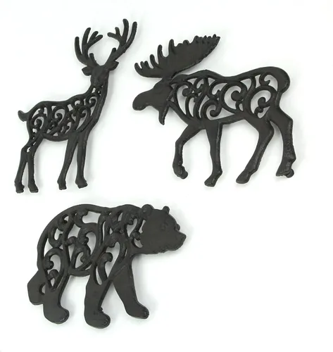 Vista 2 de Juego de 3 salvamanteles decorativos de hierro fundido negro para colgar en la pared, diseño de animales salvajes de bosque salvaje y oso, 9