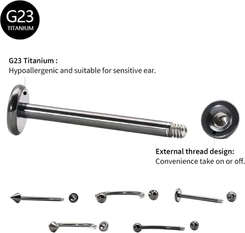 Vista 3 de BLISI 8PCS Body Piercing Jewelry Lot 16G Titanium Nose Septum Lip Cartilage Tragus Eyebrow Industrial Barbell Horseshose Piercing Kit Jewelry