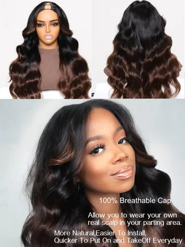 Vista 7 de Julia Hair Peluca de cabello humano ondulado degradado 12A con reflejos en V, parte en U, sombra y raíz, balayage, sin pegamento, cabello virgen