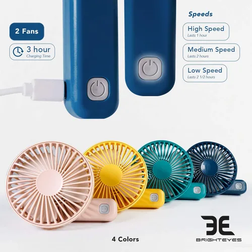 Vista 3 de Bright Eyes Ventilador de mano con mango ajustable giratorio Paquete de 2 Ideal para sofocos Recargable con micro USB (amarillo)