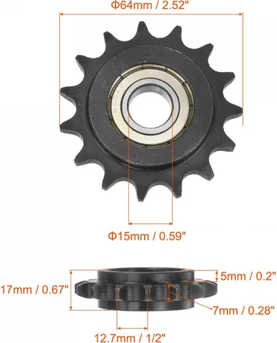 Vista 2 de uxcell Piñón tensor de cadena #40, diámetro de 0.591 in, 1/2 pulgada de paso 15 tensor de dientes, acabado de óxido negro C45 de acero al carbono