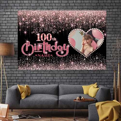 Vista 7 de Cartel personalizable de decoración de feliz cumpleaños número 100 de oro rosa - Personalización de fondo de fotos de gran tamaño - Admite fotos