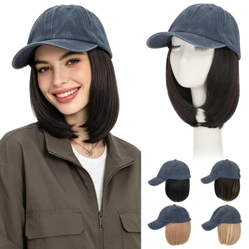 Vista 29 de Hairro Peluca de gorra de béisbol con cabello adjunto, corto estilo Bob ajustable, extensiones de cabello sintético para mujeres, balayage