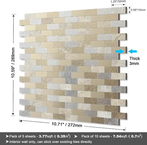 Vista 5 de BeNice Azulejos de metal para salpicaduras de cocina, despegar y pegar, azulejos de pared de baño, color beige (10 hojas)