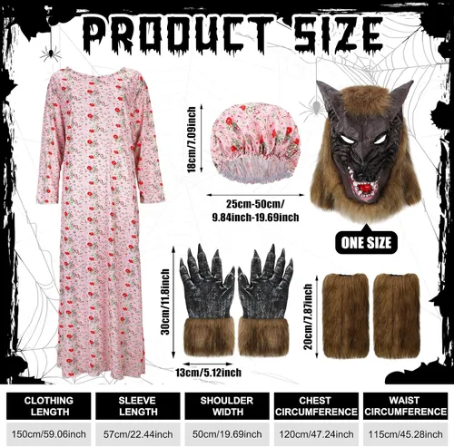 Vista 2 de Bonuci Disfraz de abuela de Halloween para adultos, disfraz de cosplay con sombrero, máscara de cabeza de lobo, guantes, calentadores de piernas