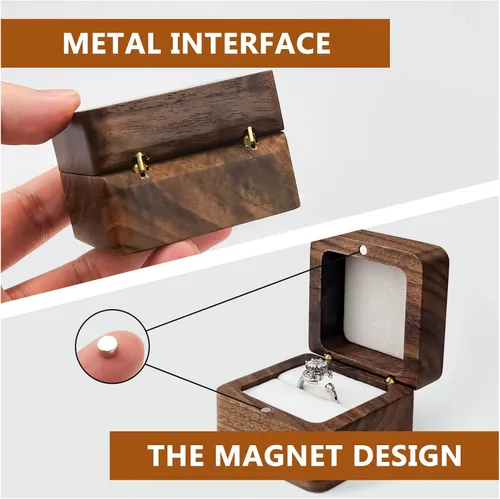 Vista 3 de WisePoint Caja de anillos de madera personalizada, mini caja de soporte para anillos de compromiso con una sola ranura, caja cuadrada para anillos