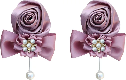 Vista 10 de Boutonniere de rosas de satén, 2 piezas para boda, novio, padrino, padrino, mejor hombre, padre, alfiler de solapa, agujero de botón, flor