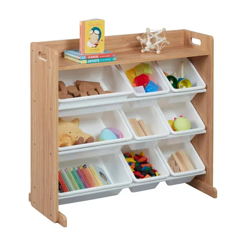 Vista 12 de ECR4Kids Organizador de 3 niveles con estante y 9 contenedores, almacenamiento para juguetes, natural oscuro/blanco
