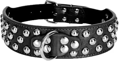 Vista 5 de Serijoars Collar de cuero de 2 pulgadas de ancho, collar resistente con tachuelas, ajustable para perros medianos y grandes (M, negro)