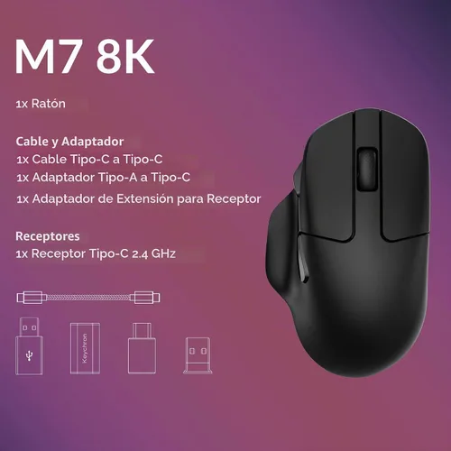 Vista 9 de Keychron M7 8K Ratón Inalámbrico, Ratones de Computadora Ópticos 30K DPI, 2.4 GHz/Bluetooth/Con Cable con Botón Macro 66g Ergonómico Liviano, Hasta