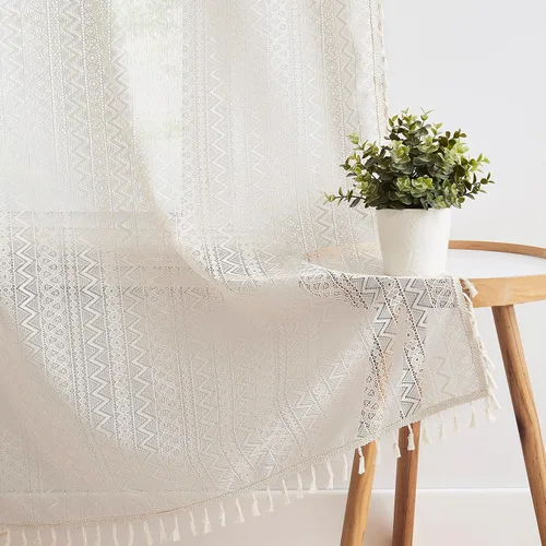 Vista 3 de ZJDECOR Cortinas traslúcidas de encaje bohemio de 54 pulgadas de largo, juego de 2 paneles de cortinas con patrón geométrico rústico beige