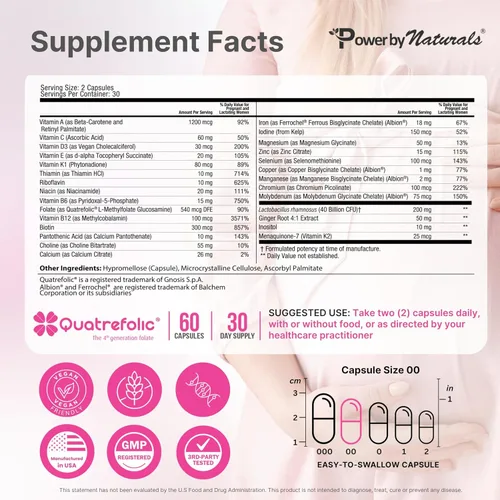 Vista 2 de Power By Naturals Metil prenatal con probióticos - Vitaminas prenatales para mujeres con hierro, folato de metilo, nutrientes B12 y 28 y botánicos