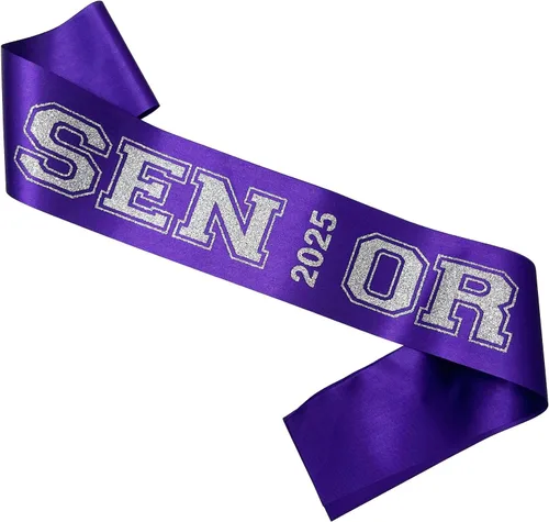 Vista 2 de Senior Sash 2025, bandas moradas, paquete de 10 con letras plateadas con purpurina, bandas para celebraciones de graduación de clase 2025