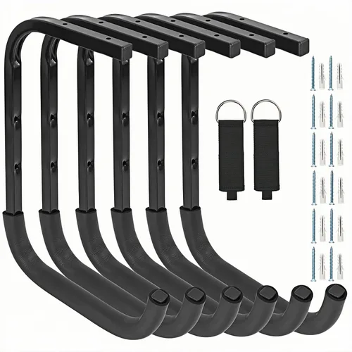 Vista 11 de 4 ganchos de garaje montados en el techo, estante de almacenamiento de garaje superior, perchas de escalera para herramientas de bicicleta de madera