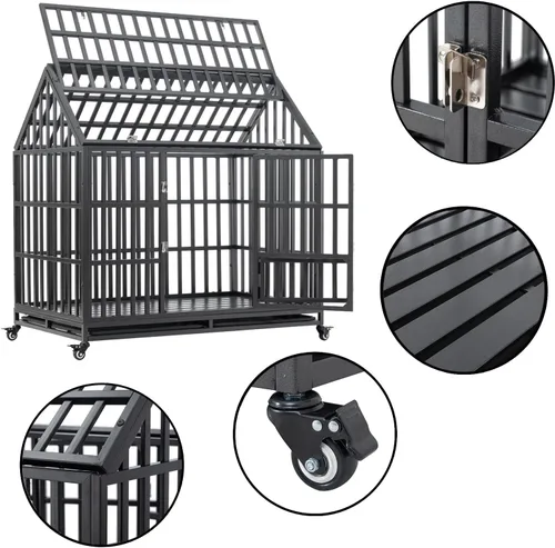 Vista 3 de Jaula grande para perros, jaula de hierro galvanizado resistente de 47 pulgadas para perros, muebles con puerta delantera, puerta superior y 4