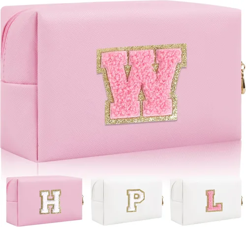 Vista 32 de Bolsa de maquillaje con parche de letra inicial personalizada, bolsa de cosméticos de chenilla preppy con letra de chenilla con cremallera, Y