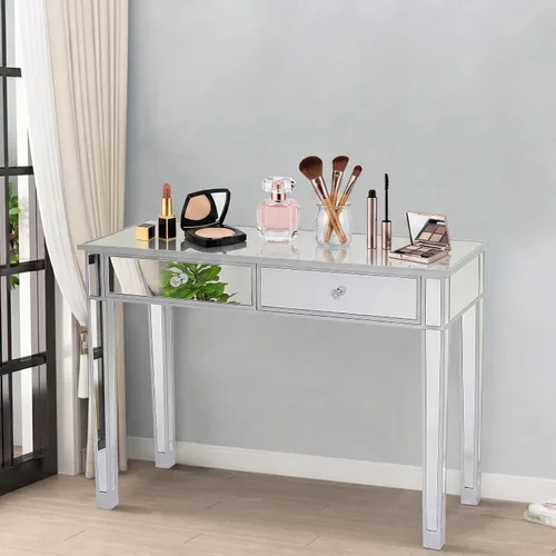 Vista 2 de Henf Mesa de maquillaje con espejo, mesa de tocador con acabado plateado, mesa de consola de 2 cajones para entrada, dormitorio, sala de estar