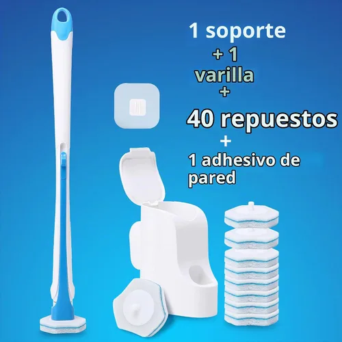 Vista 6 de Cepillo de inodoro desechable con 40 repuestos, montado en la pared, sistema de limpieza compacto de barra de baño, mango largo con organizador