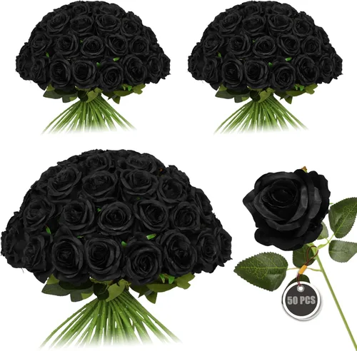 Vista 23 de Rosas artificiales negras – 10 piezas de rosas artificiales falsas de seda con tallos para decoración del hogar, boda, hotel, oficina, centro de mesa
