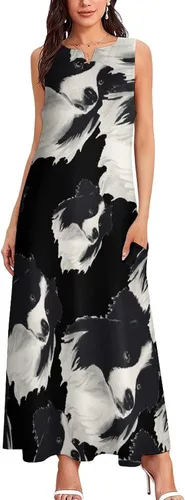 Vista 3 de Lindo Border Collie Hound - Vestido largo para mujer, cuello en V, sin mangas, estampado casual