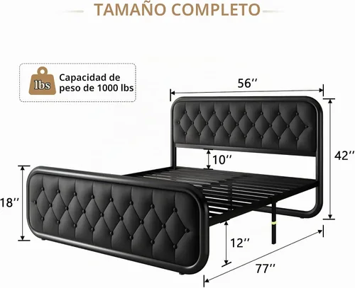 Vista 2 de iPormis Marco de cama de metal tamaño completo con cabecera de cuero, marco de cama de plataforma resistente, soporte de listones de acero metálico