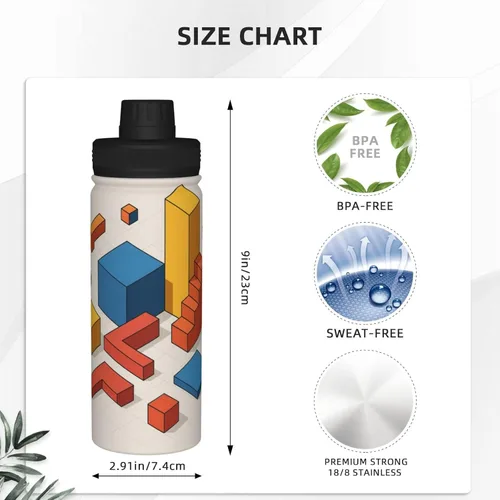 Vista 4 de Hervidor de agua aislado isométrico 3D de acero inoxidable Impresión divertida botella de agua aislada Ideal para deportes y viajes