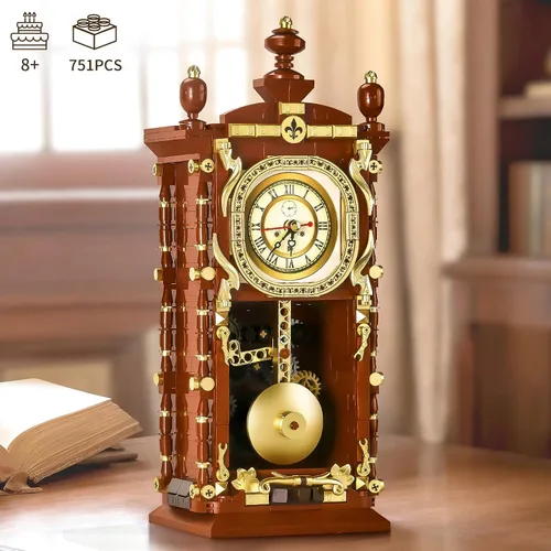 Vista 6 de Juego de construcción de reloj retro para adultos, modelo de reloj de péndulo vintage con engranajes giratorios, juguetes de bloques de construcción