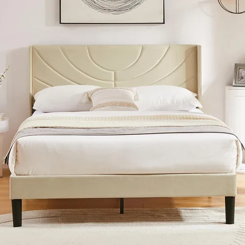 Vista 23 de VECELO Marco de Cama Tamaño Twin Plataforma Tapizada con Cabecera de Tela Ondulada/Soporte de Listones de Madera/No Necesita Somier/Base de Colchón