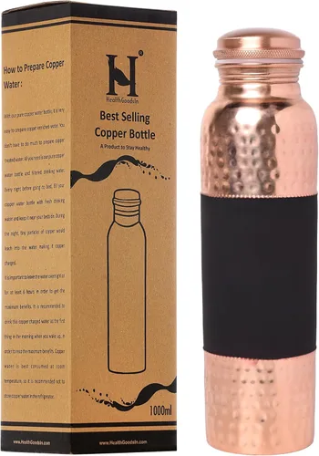 Vista 6 de Botella de agua de cobre puro sin forro, sin recubrimiento y sin laca, para beneficios de salud ayurvédica, 33.8 fl oz (33.81 onzas líquidas)