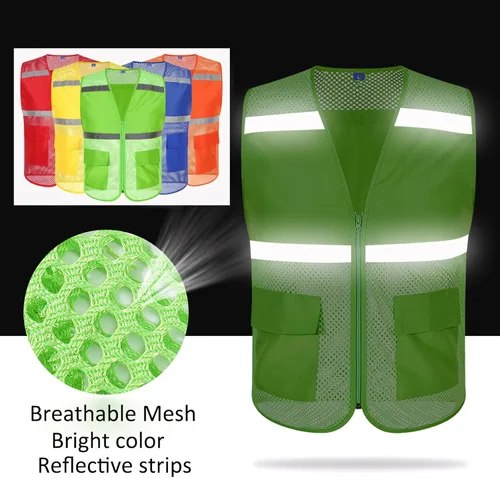 Vista 3 de TOPTIE Chaleco de seguridad de malla con cremallera, chaleco de uniforme de voluntario del equipo, chaleco reflectante para correr con bolsillos
